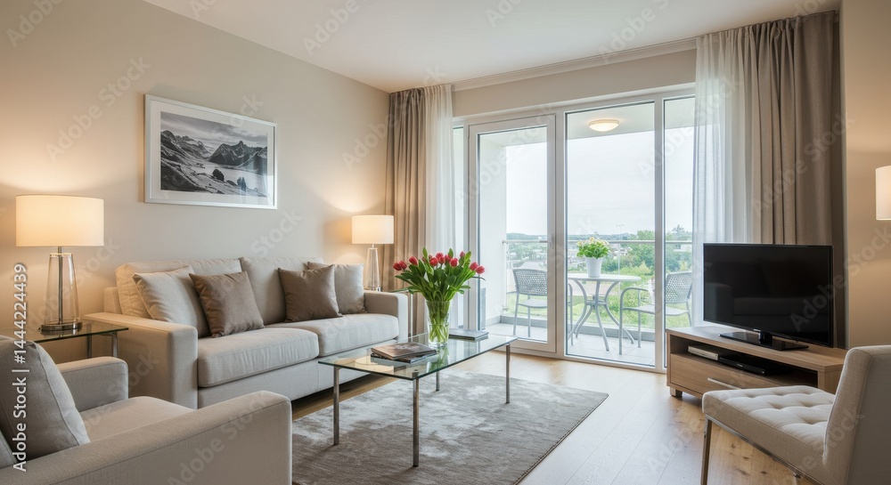 Fototapeta premium A living room with a sofa, coffee table, tv, lamps, and a balcony with table and chairs view