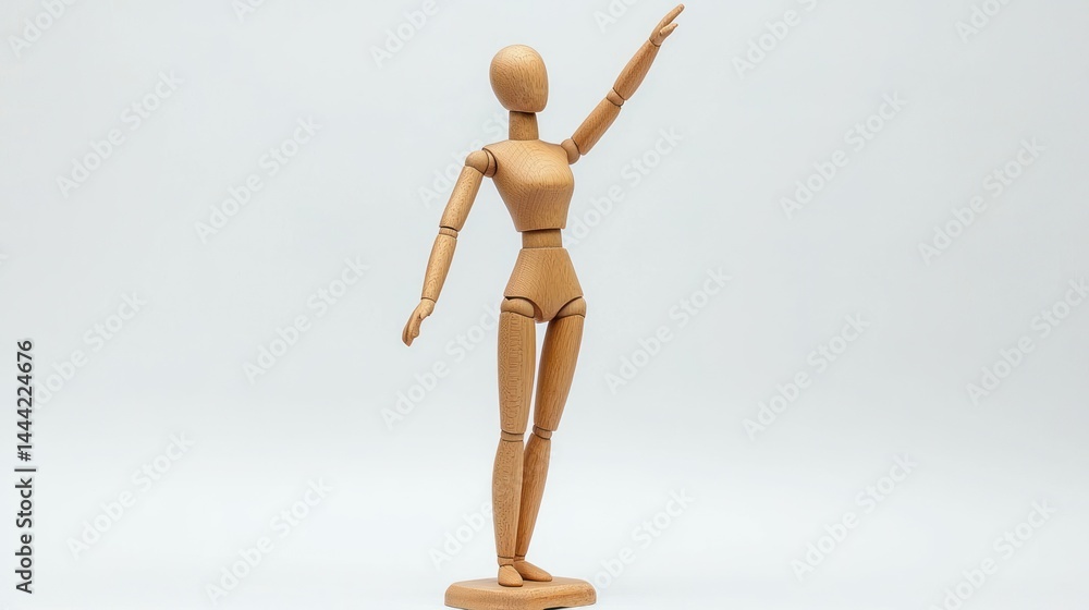 Flexible wooden mannequin raising one arm on a white background Flexible wooden mannequin raising one arm on a white background