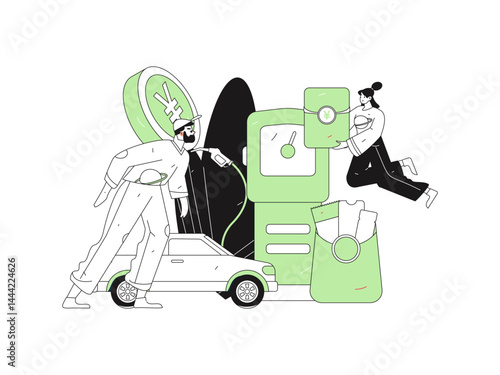 Vector Internet operation hand-drawn illustration of people getting discounts for refueling their cars
