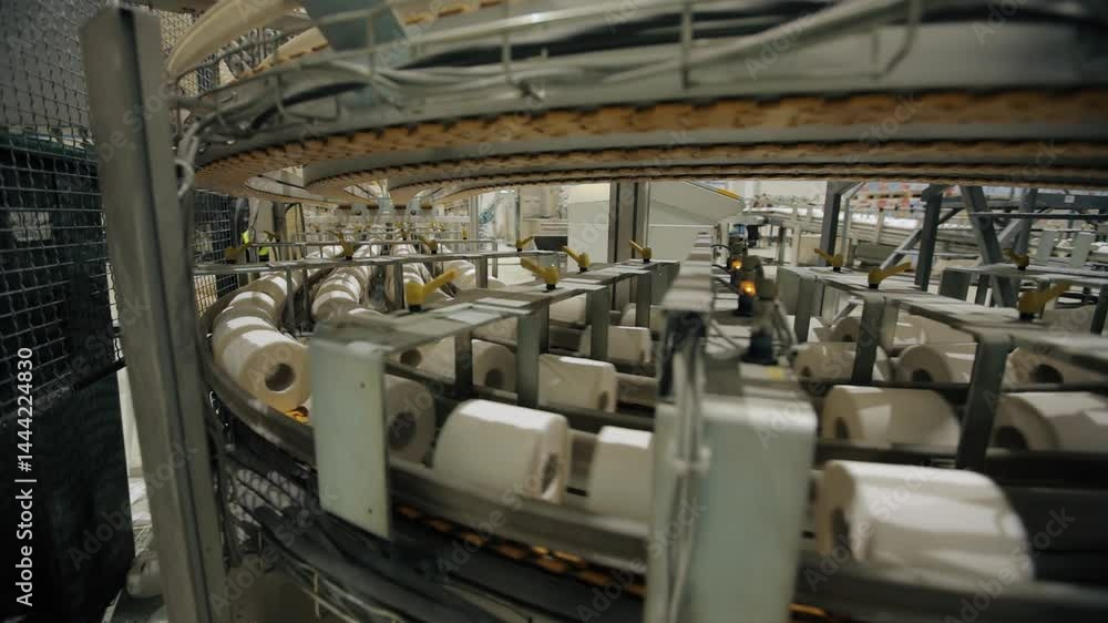 Rolls of toilet paper moving along a conveyor belt at a paper manufacturing plant Rolls of toilet paper moving along a conveyor belt at a paper manufacturing plant