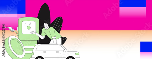 Vector Internet operation hand-drawn illustration of people getting discounts for refueling their cars
