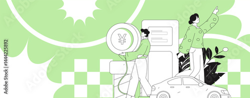 Vector Internet operation hand-drawn illustration of people getting discounts for refueling their cars

