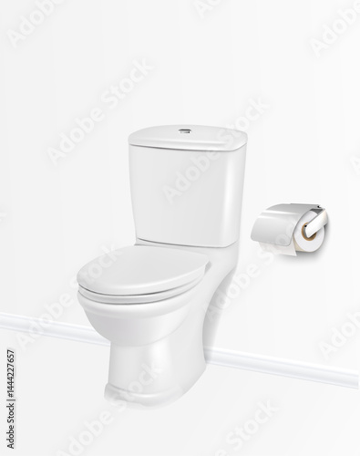3d realistic vector illustration. Toilet bowl and paper roll.