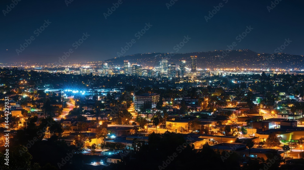 Naklejka premium Illuminated tapestry, a city's twilight glow under a night sky canvas