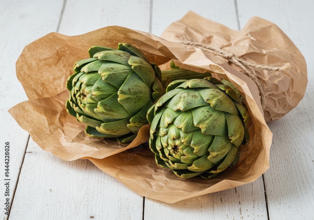 Obraz premium Two artichokes wrapped in brown paper tied with twine on a white wooden surface in a close up shot