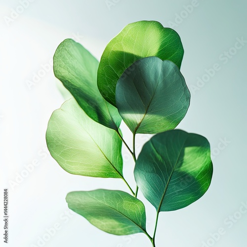 Fresh eucalyptus leaves vibrant green aromatic herb close-up white background botanical ingredient organic glossy texture botanical detail studio lighting high resolution stock photography