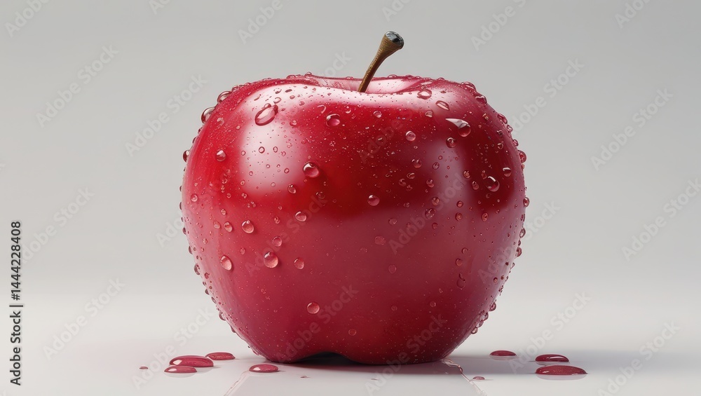 A realistic, detailed image of a fresh red apple with a smooth shiny surface, droplets of water on it, showcasing its texture and natural imperfections. The apple is placed in the center with a pure w