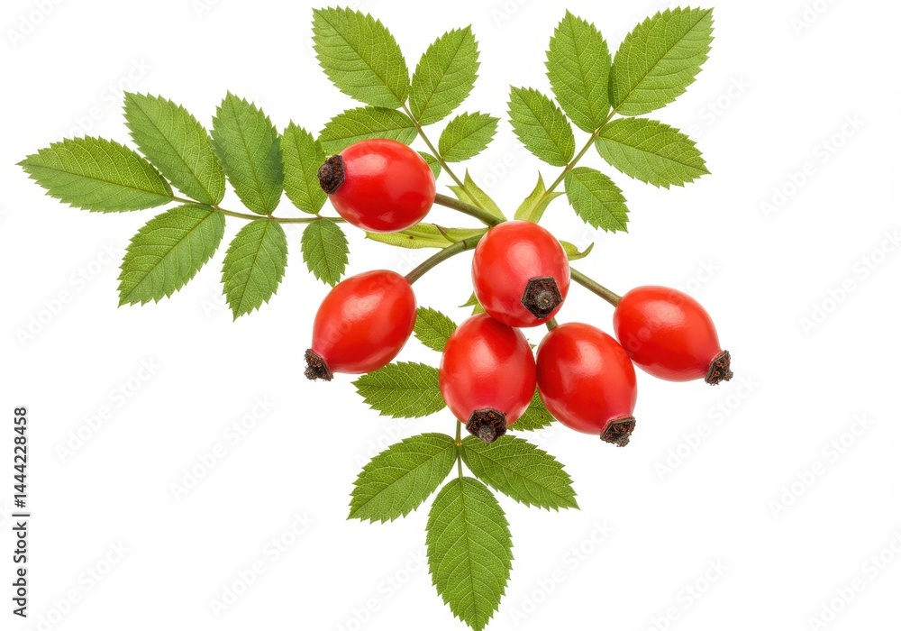 A sprig of rose hips with green leaves on a white background in a studio shot close up view image A sprig of rose hips with green leaves on a white background in a studio shot close up view image