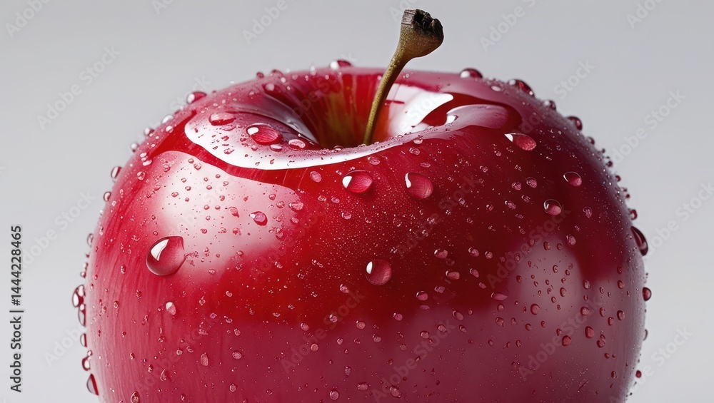 A realistic, detailed image of a fresh red apple with a smooth shiny surface, droplets of water on it, showcasing its texture and natural imperfections. The apple is placed in the center with a pure w