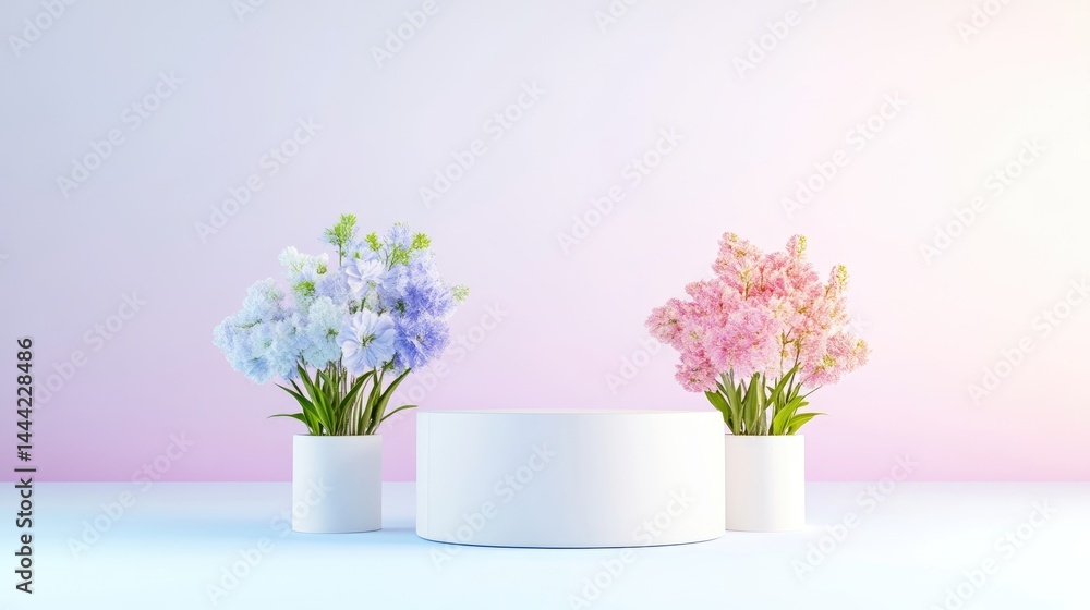 Fototapeta premium Floral Arrangements on Platform Minimalist Style High-resolution Lighting Central display Soft textures Product display Pastel backdrop Gentle and serene Ideal for branding materials