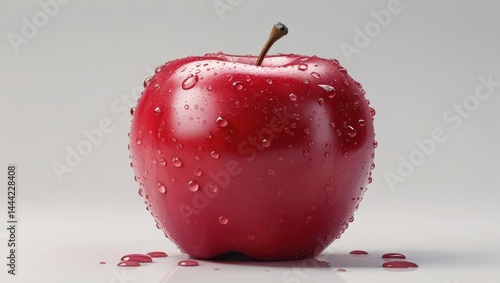 Obraz na płótnie A realistic, detailed image of a fresh red apple with a smooth shiny surface, droplets of water on it, showcasing its texture and natural imperfections. The apple is placed in the center with a pure w w salonie