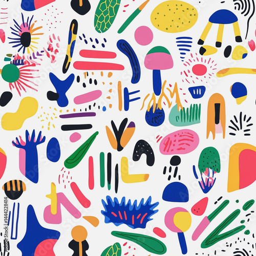 bstract white background with colorful Memphis style seamless pattern. Creative minimalist style art background for children or trendy design with basic shapes. Simple childish scribble backdrop


