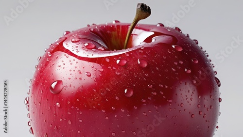 A realistic, detailed image of a fresh red apple with a smooth shiny surface, droplets of water on it, showcasing its texture and natural imperfections. The apple is placed in the center with a pure w