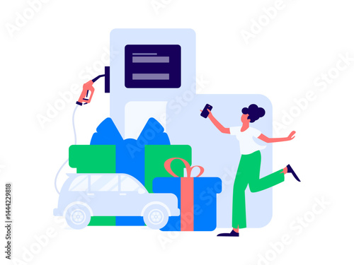 Vector Internet operation hand-drawn illustration of people getting discounts for refueling their cars
