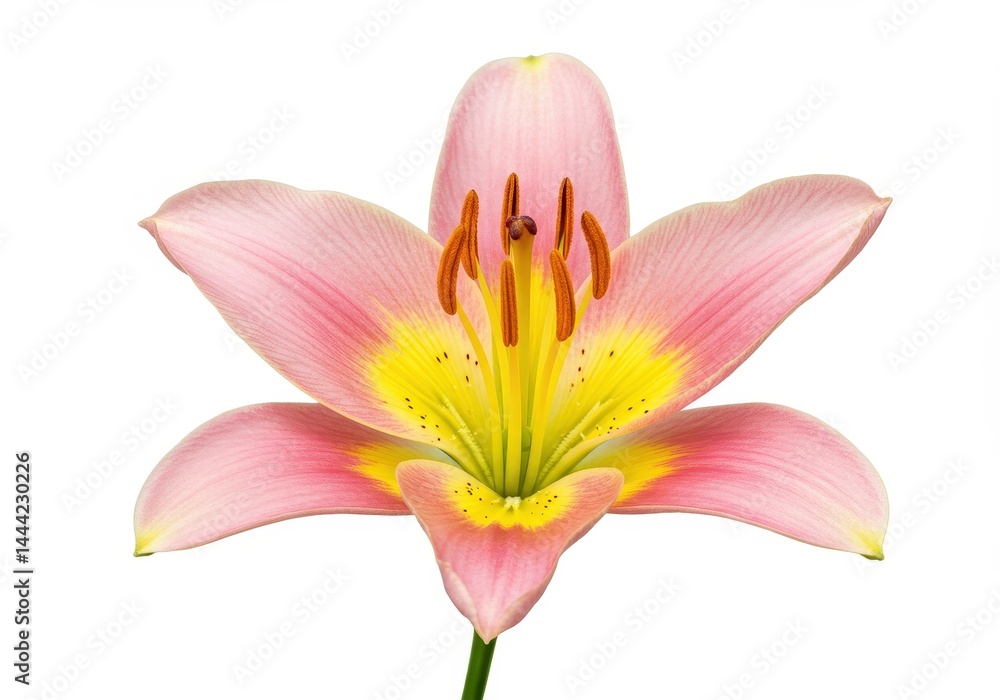 A close up shot of a pink lily with yellow center isolated on a white background in full bloom view A close up shot of a pink lily with yellow center isolated on a white background in full bloom view