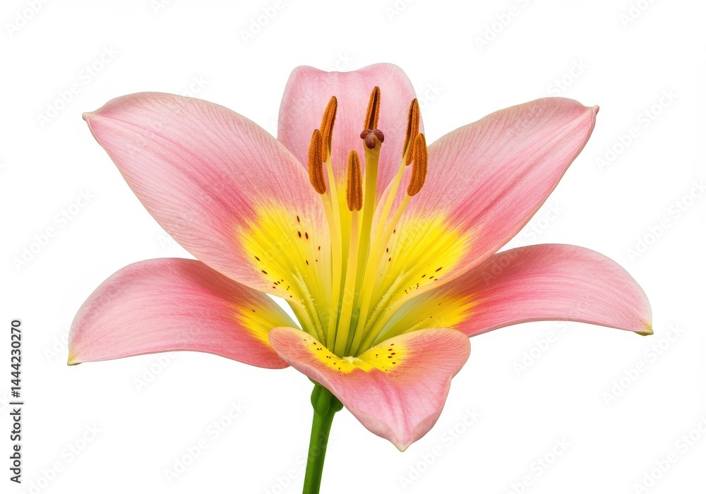 Fototapeta premium A close up of a pink and yellow lily flower with brown stamens on a white background in full bloom