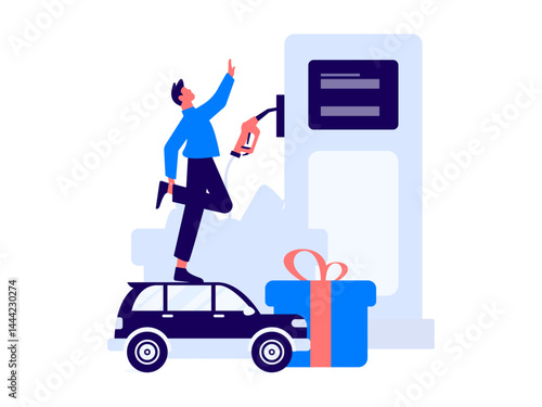 Vector Internet operation hand-drawn illustration of people getting discounts for refueling their cars
