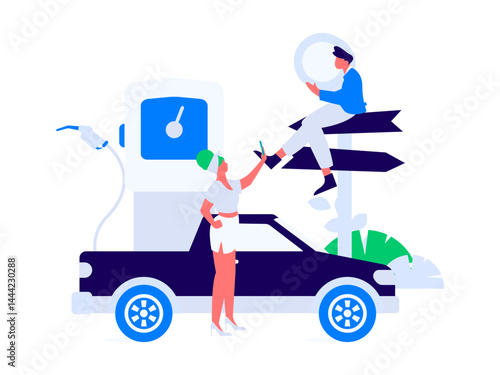 Vector Internet operation hand-drawn illustration of people getting discounts for refueling their cars
