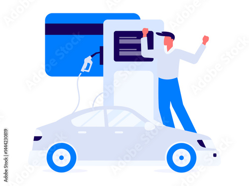 Vector Internet operation hand-drawn illustration of people getting discounts for refueling their cars

