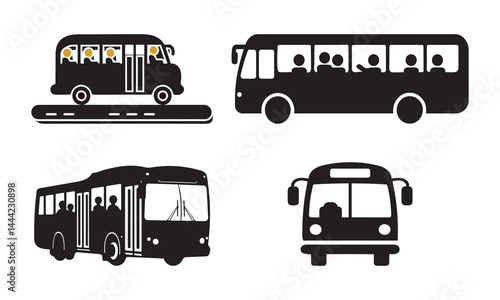 Four black and white bus silhouettes, perfect for transportation icons.