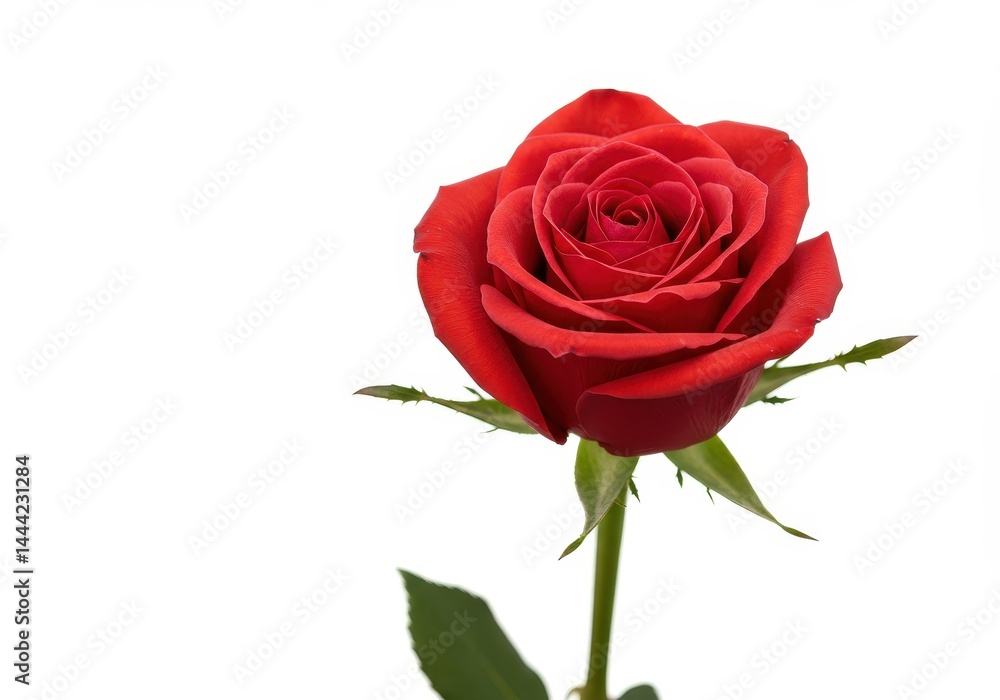 A single red rose with green stem and leaves isolated against a plain white studio background image A single red rose with green stem and leaves isolated against a plain white studio background image