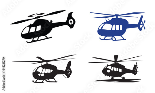 Four Helicopter Silhouettes in Black and Blue