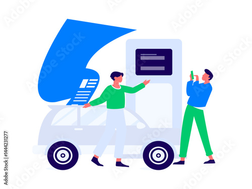 Vector Internet operation hand-drawn illustration of people getting discounts for refueling their cars
