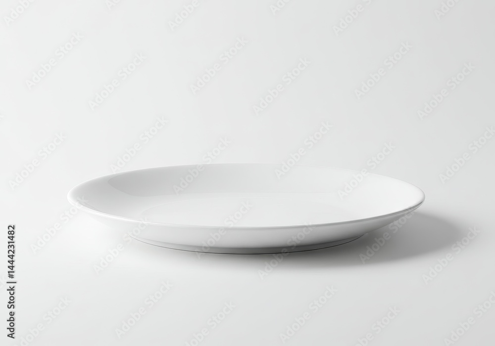 A simple white ceramic plate centered on a plain white surface in a studio setting with soft lighting A simple white ceramic plate centered on a plain white surface in a studio setting with soft lighting