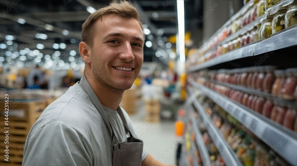 A man in an apron standing in front of a grocery store aisle A man in an apron standing in front of a grocery store aisle