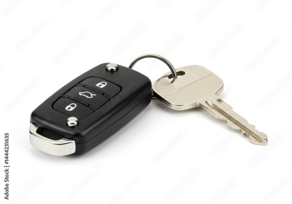 A car key with remote and metal key attached to a ring on a white background in a studio setting A car key with remote and metal key attached to a ring on a white background in a studio setting