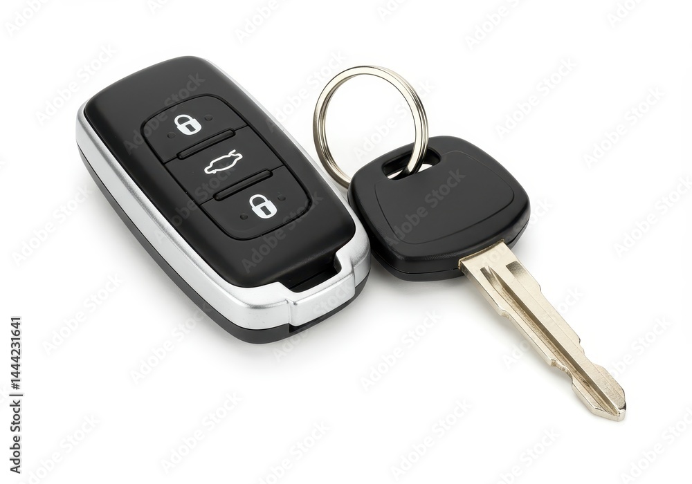A close up shot of a car key with a remote on a white background with a silver key ring and buttons A close up shot of a car key with a remote on a white background with a silver key ring and buttons