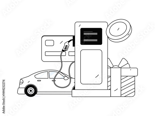 Vector Internet operation hand-drawn illustration of people getting discounts for refueling their cars
