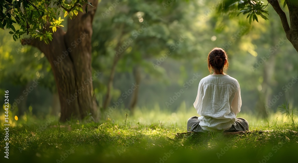 Woman meditating peacefully in a green forest during a calm morning Woman meditating peacefully in a green forest during a calm morning