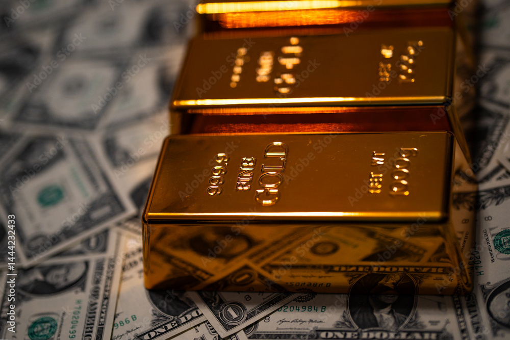 Dollars vs gold bar. Precious metals. Saving finance in gold bar. Dollars vs gold bar. Saving money background. Dollar bills vs gold bars. Banking and savings. Golden metal.