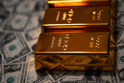 Dollars vs gold bar. Precious metals. Saving finance in gold bar. Dollars vs gold bar. Saving money background. Dollar bills vs gold bars. Banking and savings. Golden metal.