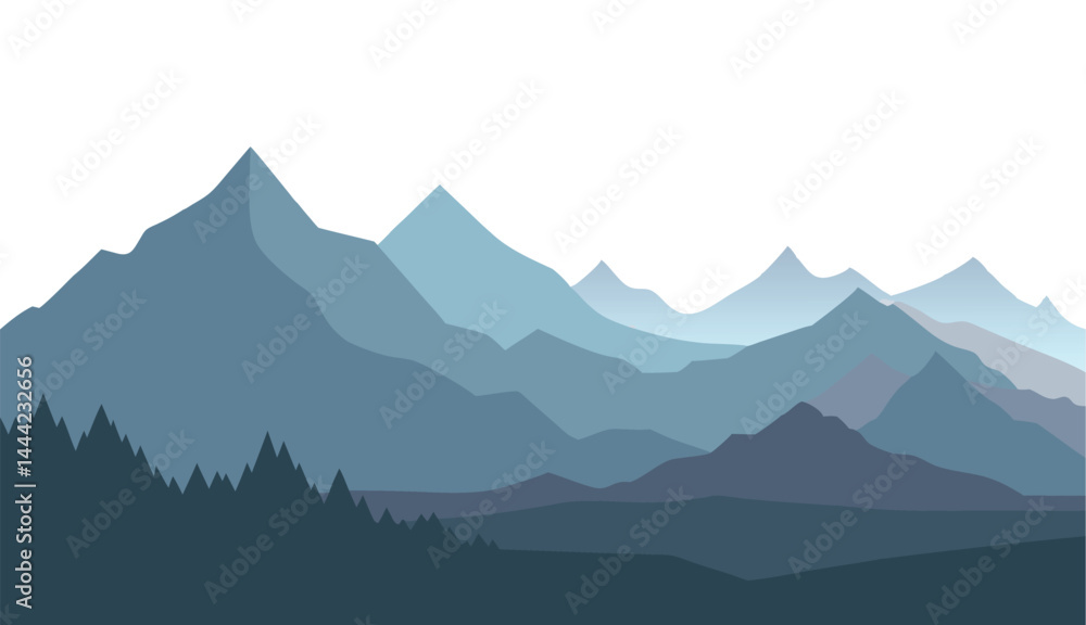 Naklejka premium Vector misty mountain landscape with blue peaks and clouds at sunrise, Illustration
