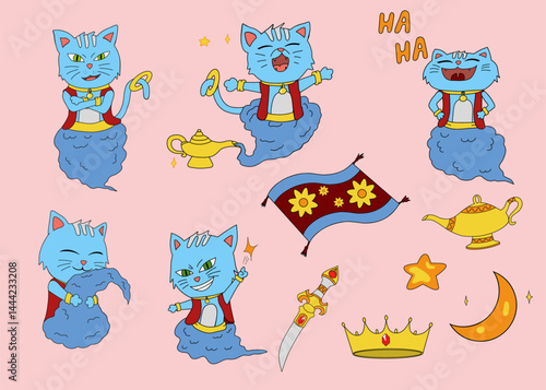 A playful illustration featuring cartoon cat genies in various poses, surrounded by magic lamps, a carpet, and whimsical elements on a pink background.