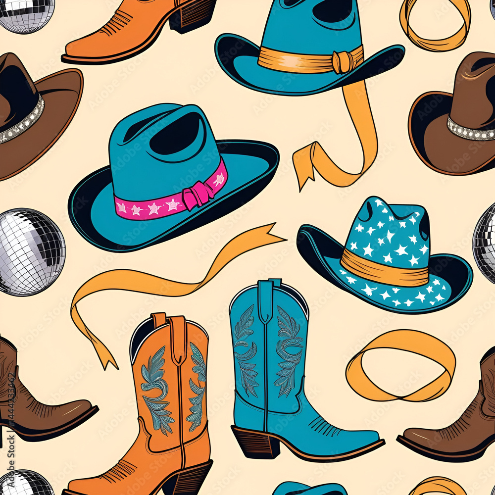 Cowgirl party seamless pattern, vector cowboy hat, western boots, bachelorette disco ball, ribbon. Retro groovy American country girly texture, hand drawn wild west ranch background. Cowgirl party Cowgirl party seamless pattern, vector cowboy hat, western boots, bachelorette disco ball, ribbon. Retro groovy American country girly texture, hand drawn wild west ranch background. Cowgirl party