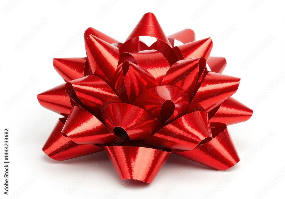A shiny red gift bow with many points sitting on a white background in a close up studio shot A shiny red gift bow with many points sitting on a white background in a close up studio shot