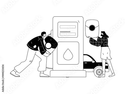 Vector Internet operation hand-drawn illustration of people getting discounts for refueling their cars
