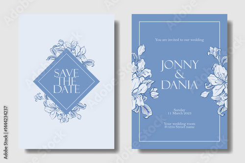 Slate Blue and Deep Sapphire color, wedding invitation design with hand drawing Azalea flower