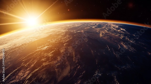 Fototapeta Naklejka Na Ścianę i Meble -  Stunning sunrise over earth planet amazing view space exploration golden hour sky land rays glow blue