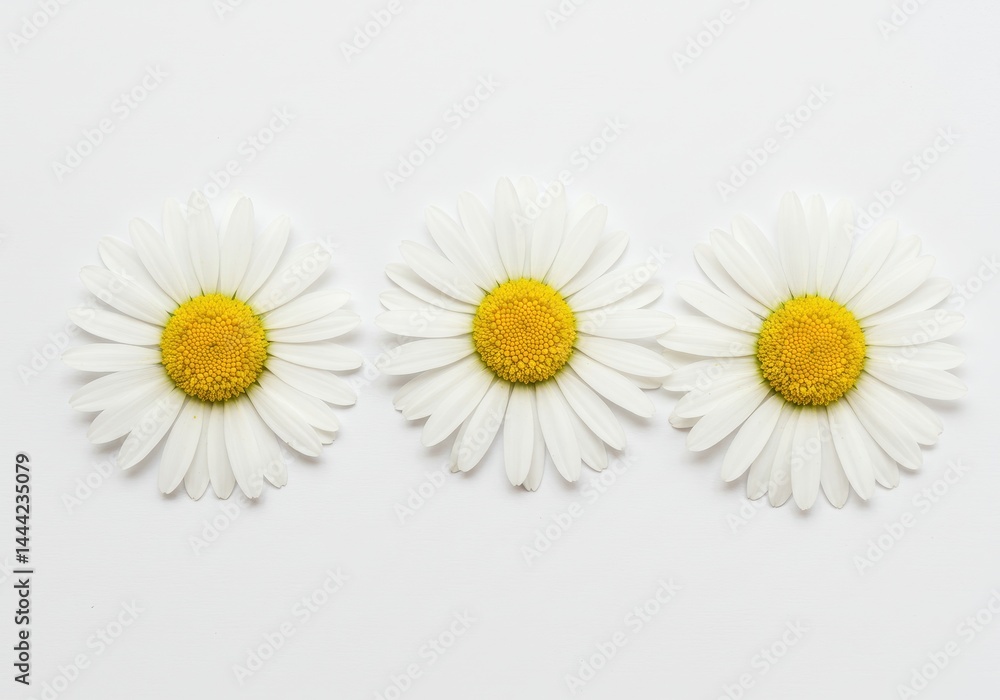 Obraz premium A close up of three daisy flowers with white petals and yellow centers on a white background