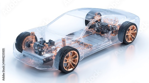 Futuristic transparent car with visible internal components and battery pack
