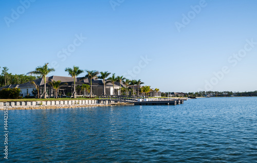 Stunning lakefront view of the luxury homes in Fort Myers, Florida