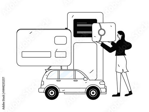 Vector Internet operation hand-drawn illustration of people getting discounts for refueling their cars
