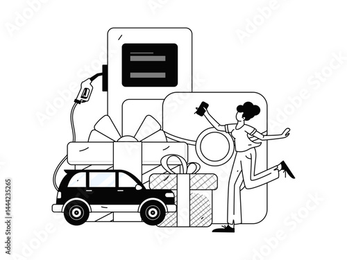 Vector Internet operation hand-drawn illustration of people getting discounts for refueling their cars
