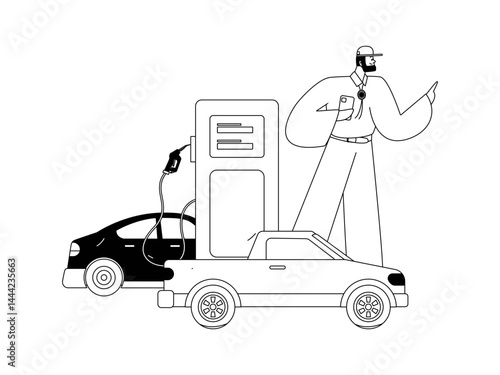 Vector Internet operation hand-drawn illustration of people getting discounts for refueling their cars
