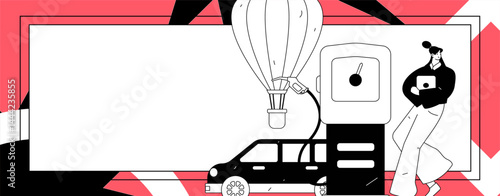 Vector Internet operation hand-drawn illustration of people getting discounts for refueling their cars
