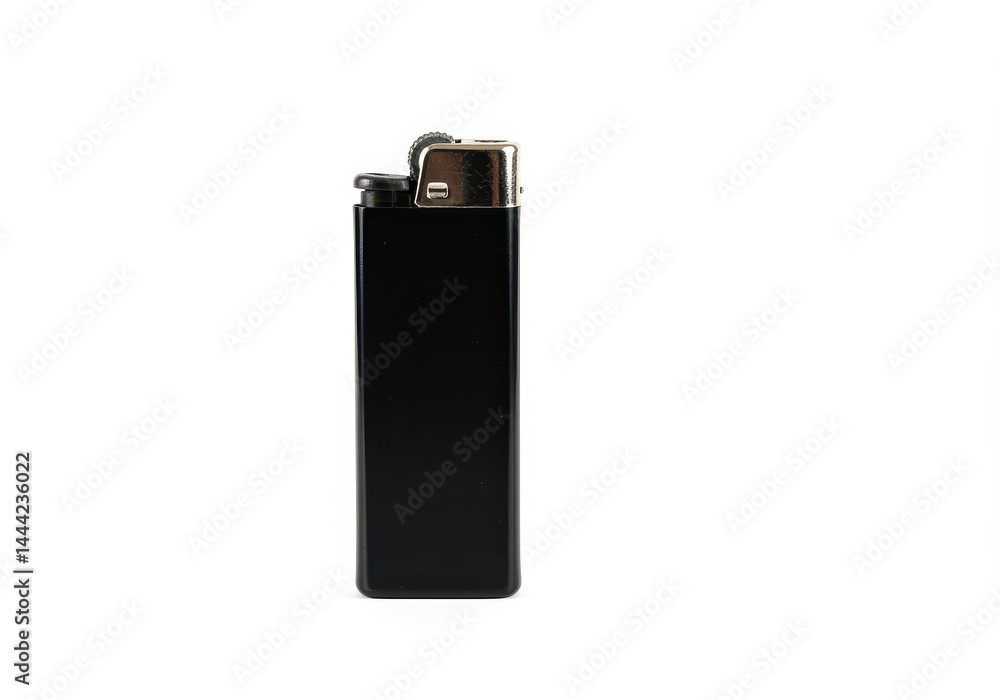 A close up studio shot of a black lighter with a silver top on a white background in portrait mode A close up studio shot of a black lighter with a silver top on a white background in portrait mode